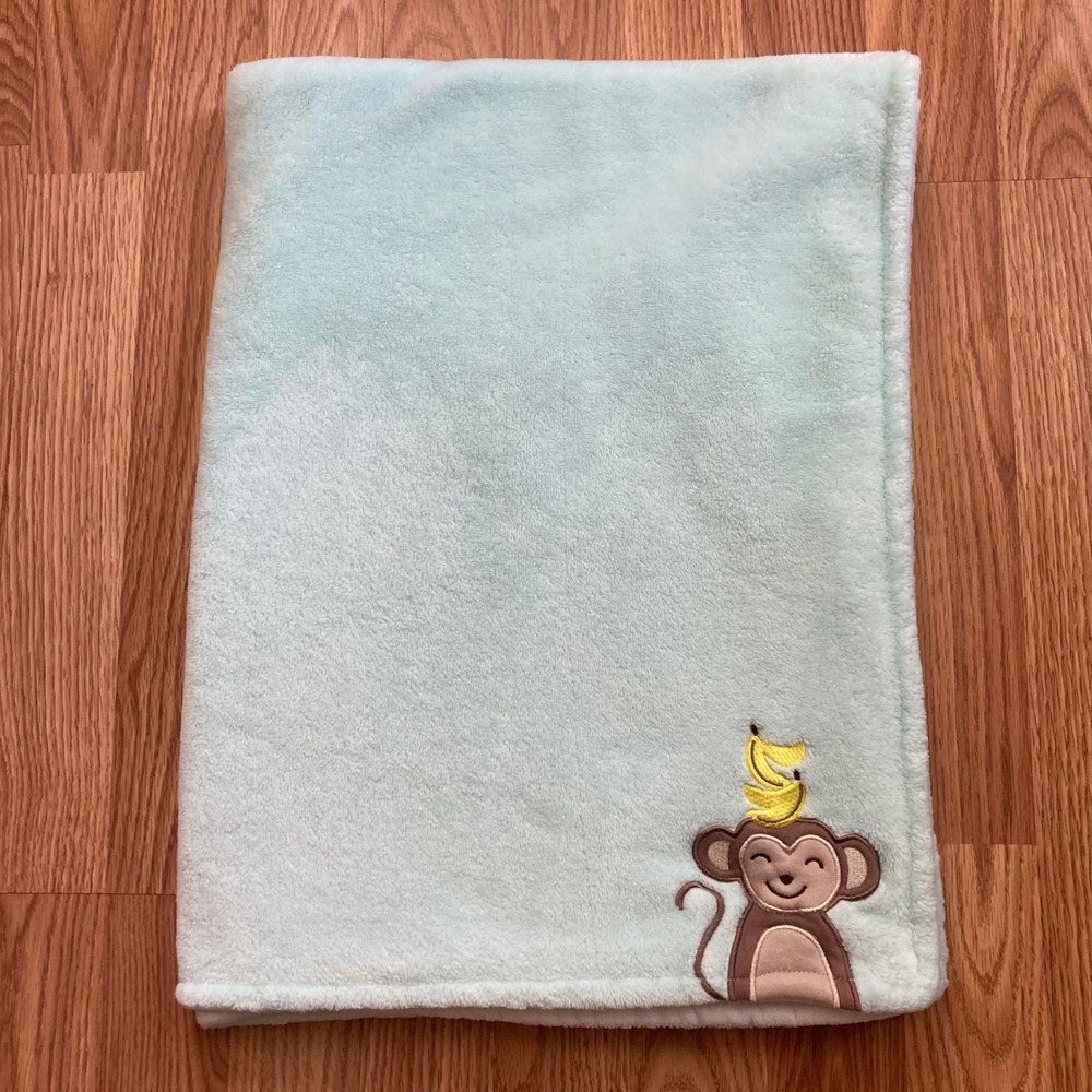 Carter's Monkey Baby Blanket Bananas White Mint Green Stripes Plush 38 x 29